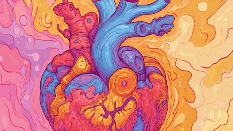 psychedelic and surreal animation of a human heart, blending anatomical detail with vibrant, swirling colors and textures, creating a visually striking representation of life and vitality