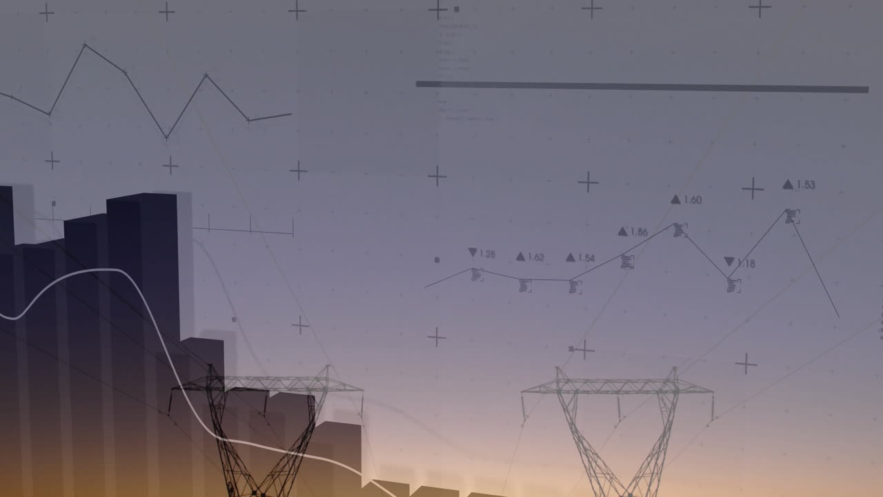 High-voltage towers standing on gradient sky background, displaying bar-chart bars and data lines