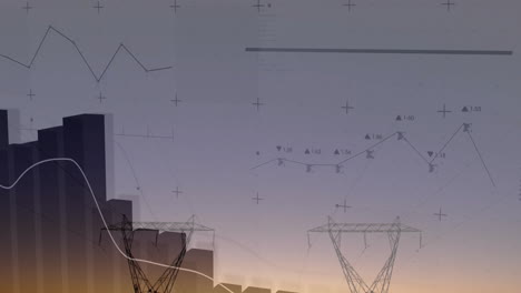 high-voltage towers standing on gradient sky background, displaying bar-chart bars and data lines
