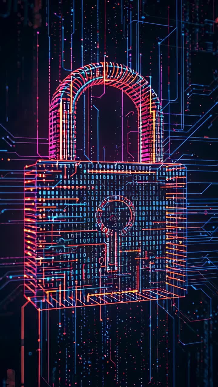 Vertical video: Fading wireframe padlock in circuit board flowing binary code signaling encryption