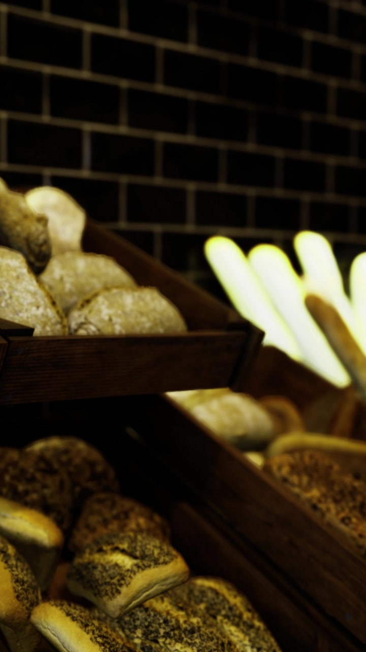 Bakery display of different types of bread and rolls at local shop