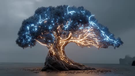 glowing lightning tree. a fantastical tree emits blue and golden light effects, creating an enchanting atmosphere during dusk.
