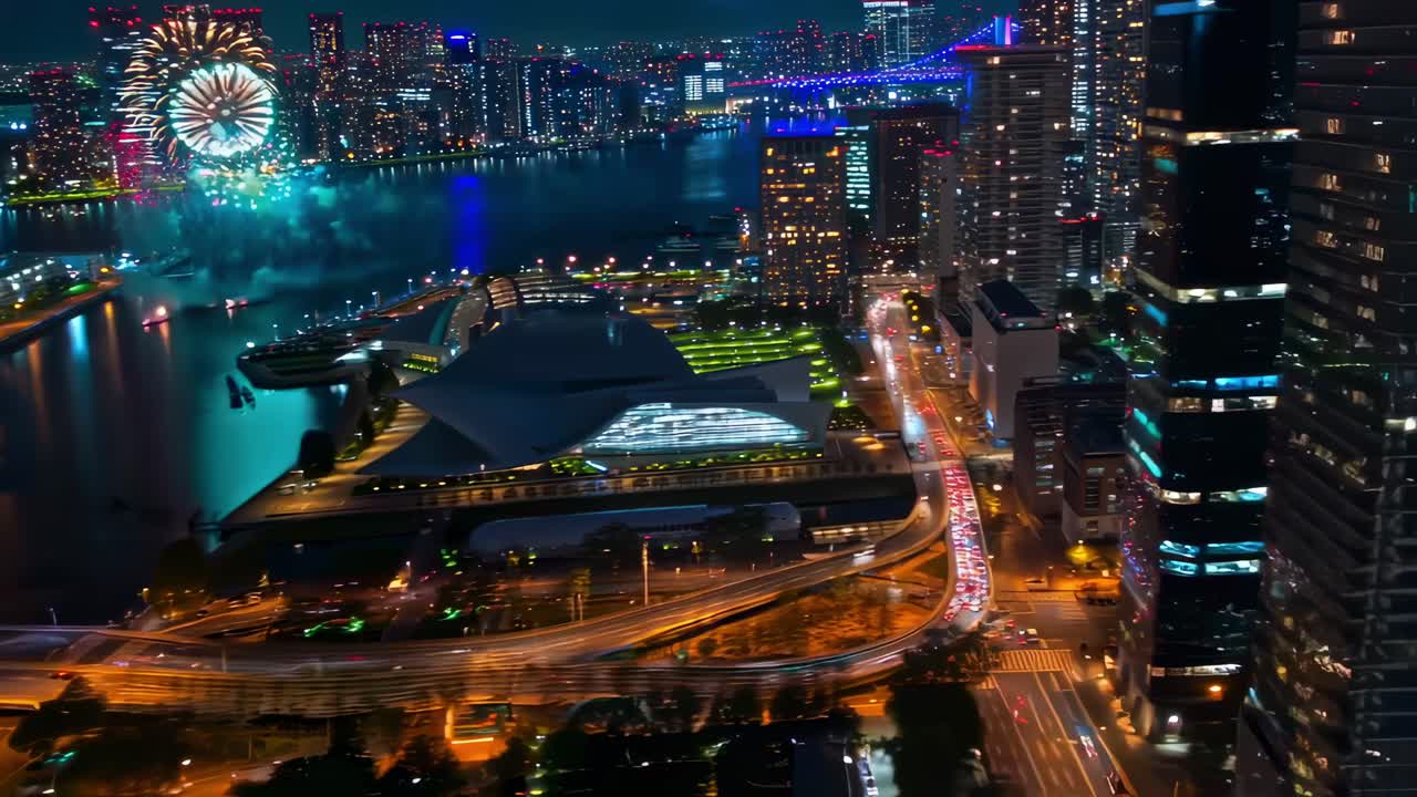 Nighttime metropolitan skyline glowing with colorful fireworks, vibrant illumination reflecting across downtown streets, bridges, urban skyscrapers sparkling in festive display