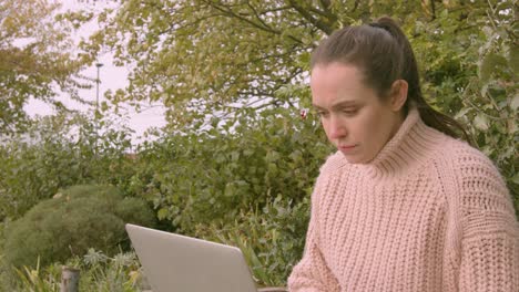 female working on a laptop in a park nodding head feeling accomplished close up