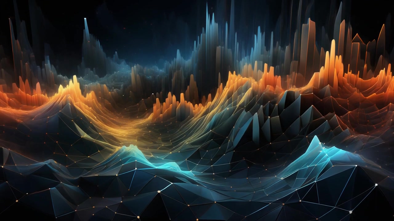 Paesaggio digitale astratto con onde geometriche luminose e strutture di dati