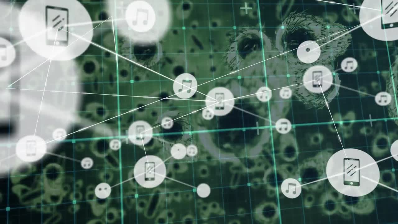 red de iconos digitales sobre red de rejilla contra múltiples células de covid-19 en fondo verde