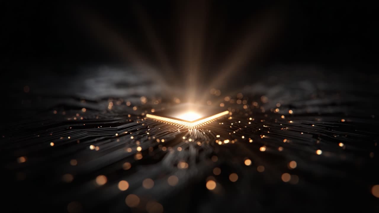 Illuminated Circuitry: A Stunning Close-Up of a Radiant Microchip Surrounded by Sparkling Particles and Detailed Electronic Patterns in a Dark Environment