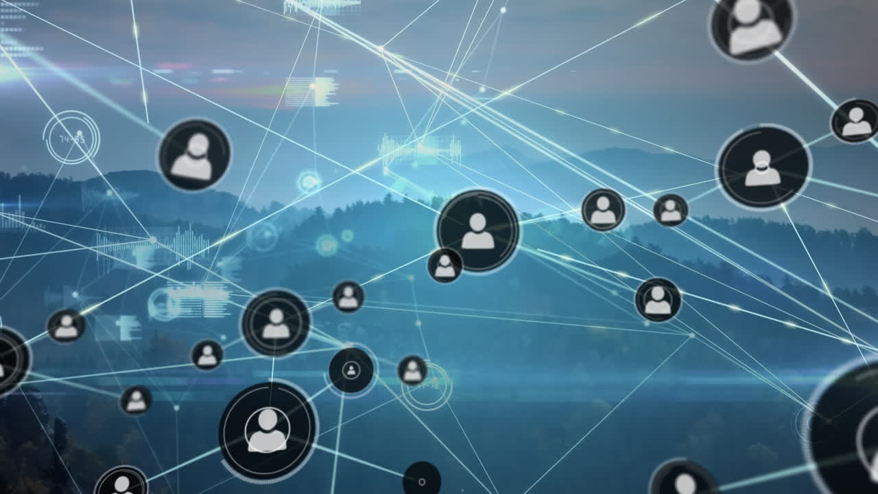 라인, 그래프, 렌즈 플레어, 녹색 산의 공중 풍경과 연결된 프로필 아이콘의 애니메이션