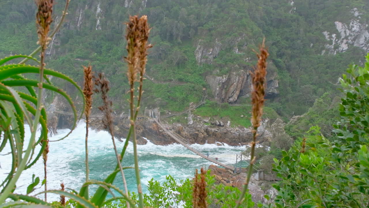 Scenic elevated view of suspension footbridge over gorge at Storms River mouth