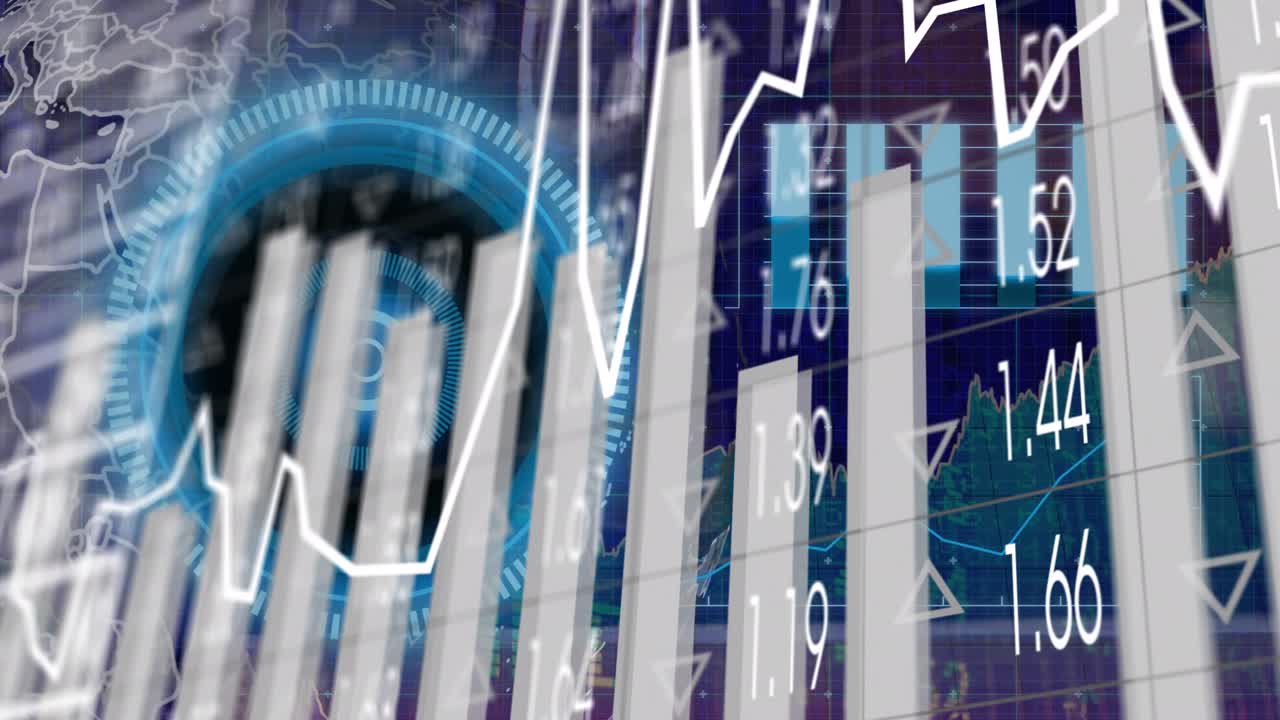 Animation of globe, processing circle, graphs and financial data on digital screen