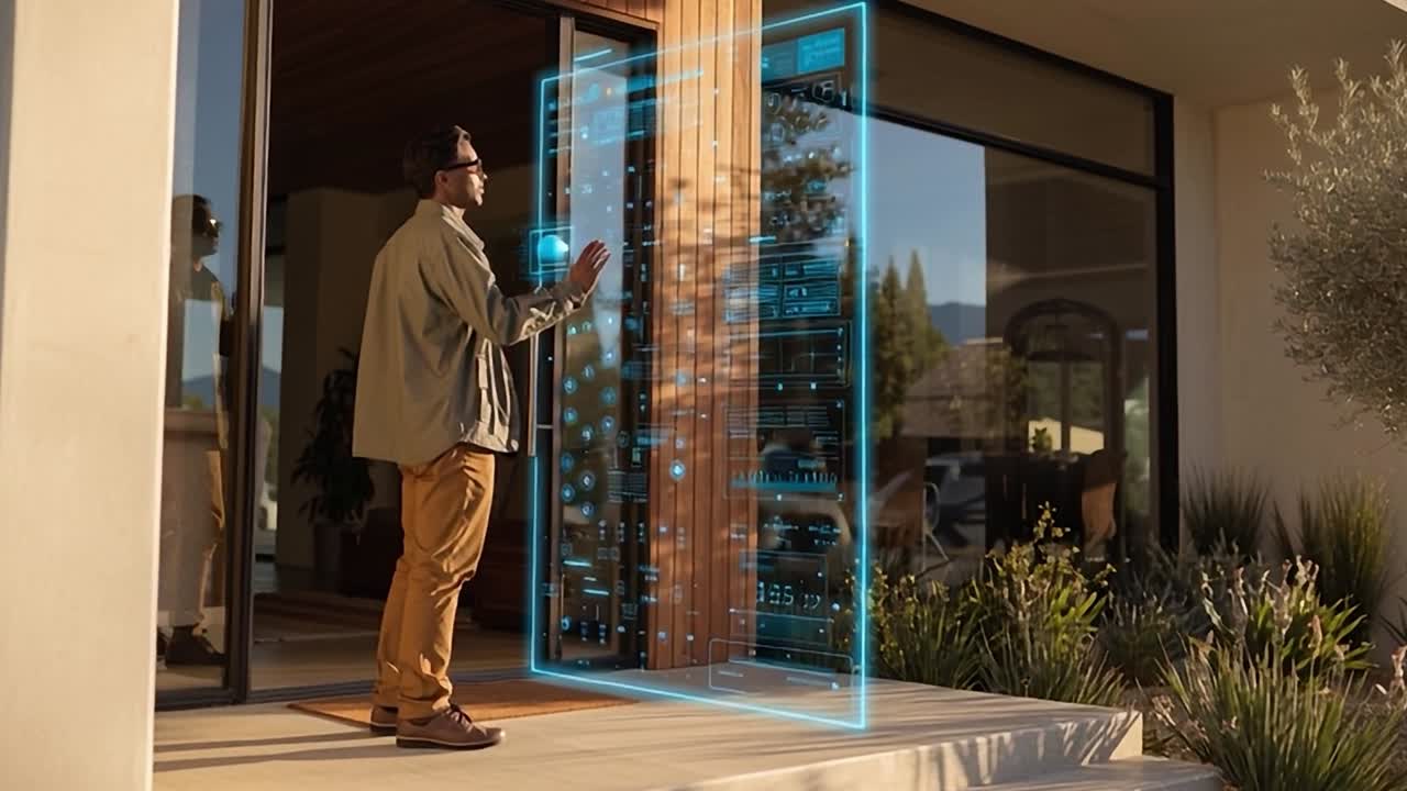Uomo moderno con interfaccia digitale all'ingresso di casa.