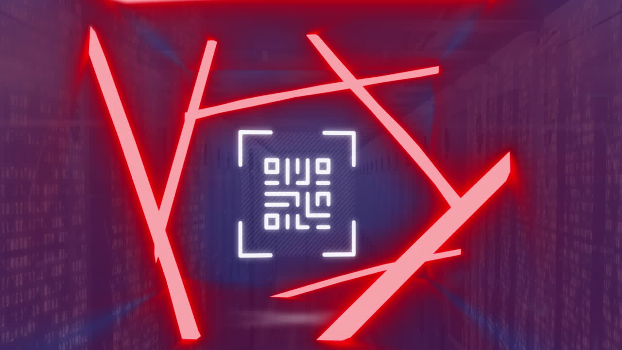 animación de rastros de luz roja brillante sobre el escáner de códigos de barras contra el cuadrado de mosaico sobre la sala del servidor.