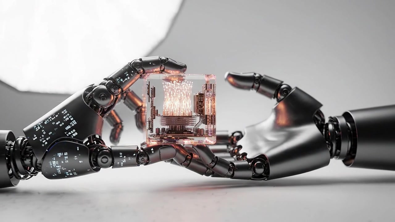 Futuristic robotic hand holding a transparent cube showcasing intricate technology, highlighting advancements in artificial intelligence and innovation in robotics.