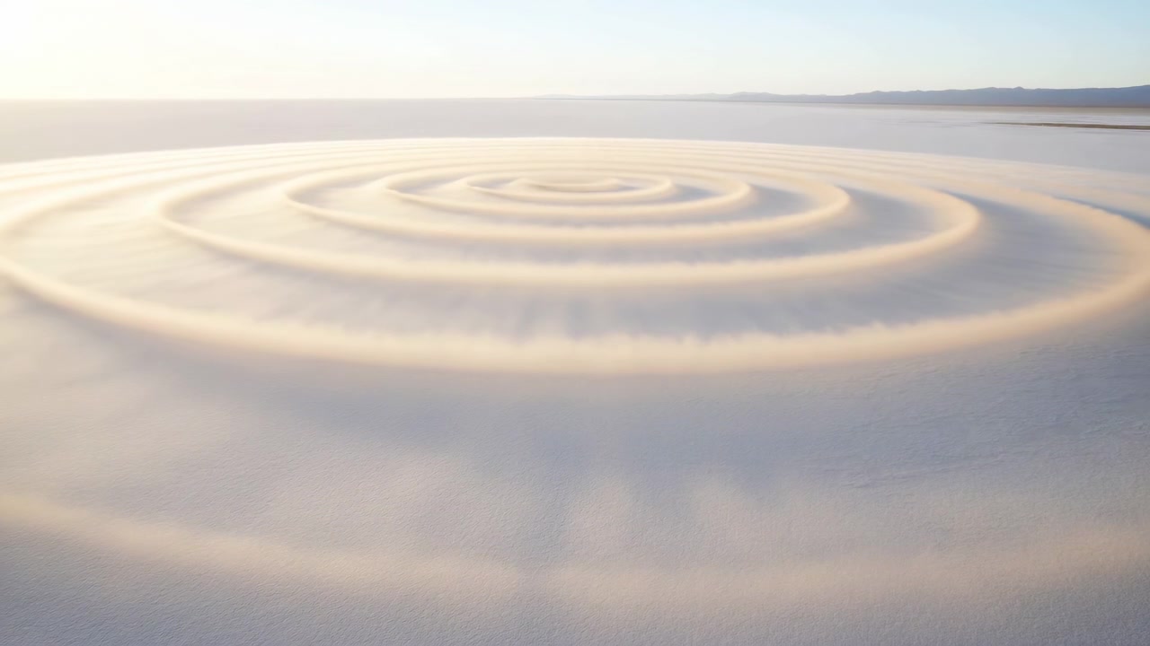 Vista aerea obliqua dall'alto cattura una pianura piatta e pallida formata in creste circolari concentriche attorno a un piccolo picco centrale, con luce solare calda, ombre morbide, toni freddi e una simmetria silenziosa