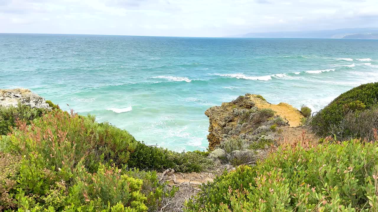 A serene coastal landscape with lush greenery and ocean waves under soft daylight, captured at Aireys Inlet, Australia