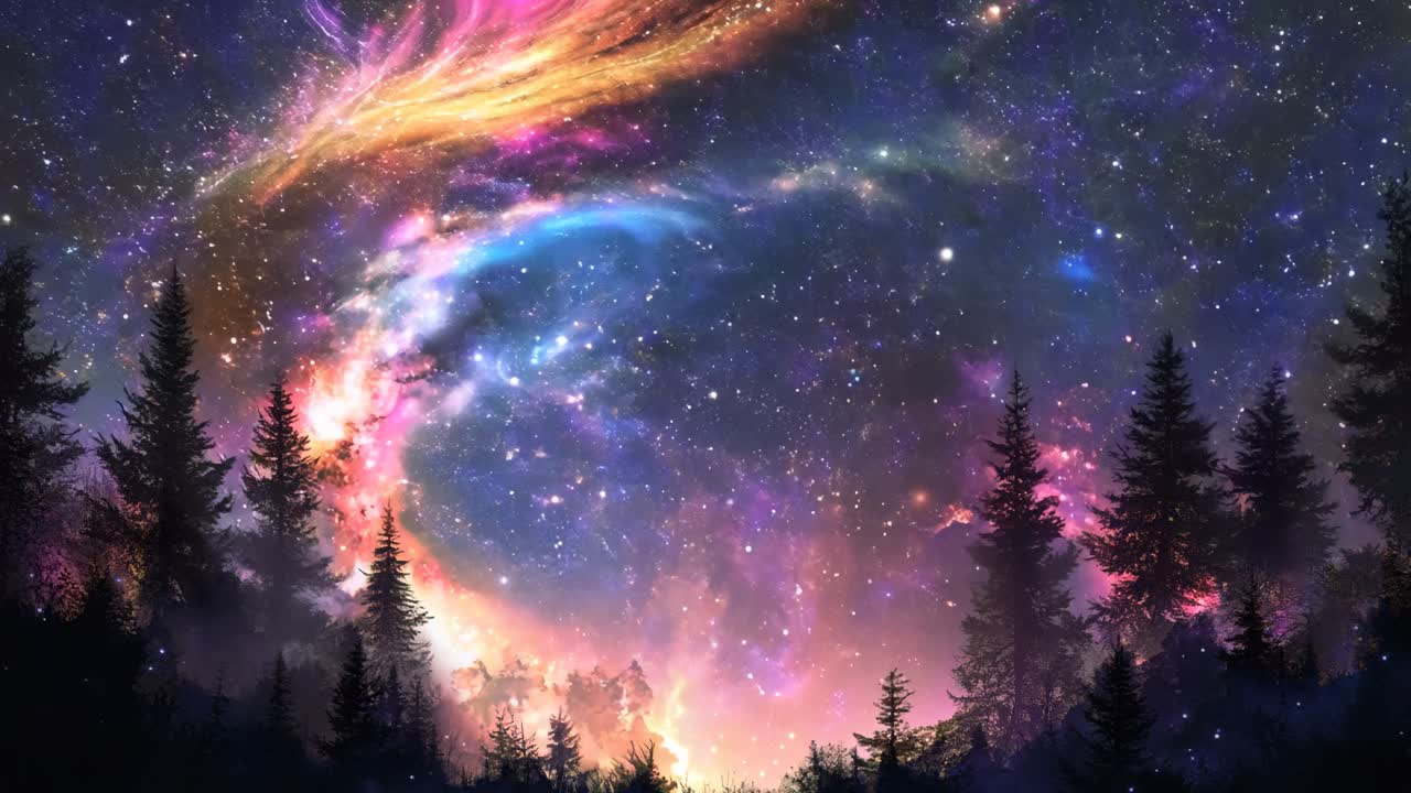 A beautiful night sky with a purple and orange sky and a forest of trees. The sky is filled with stars and the trees are silhouetted against the sky