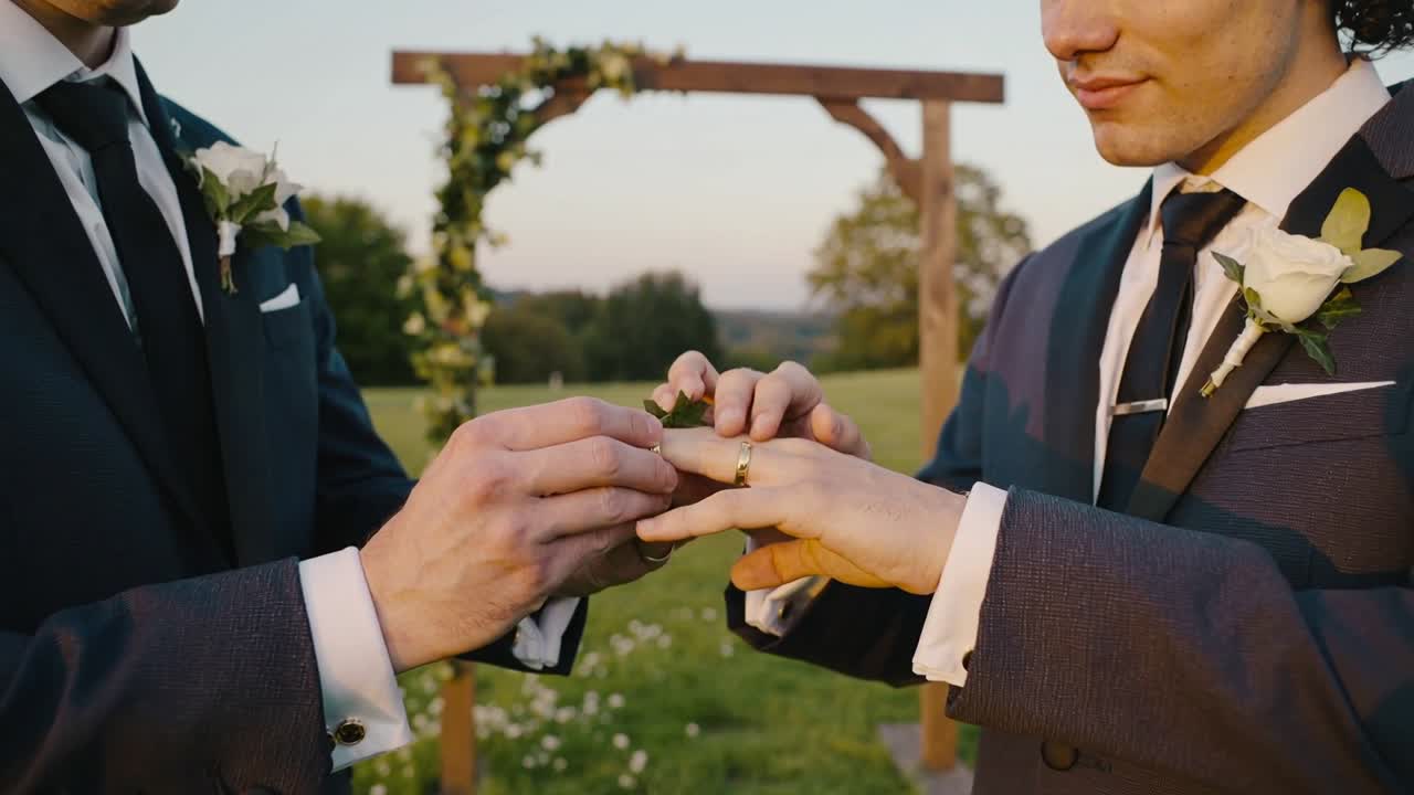 Extending left hand, partner sliding gold ring onto groom's finger during vows on lawn in suits