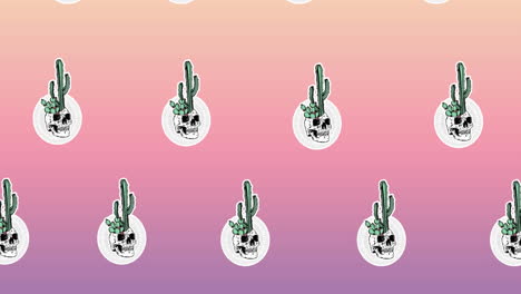 composición de filas de cactus con cráneos que se mueven sobre un fondo rosa