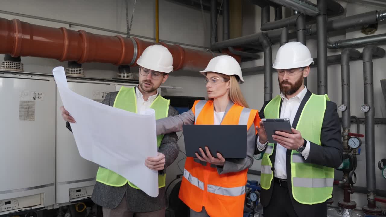 un ingeniero mecánico tiene un plan de trabajo en los componentes y una ingeniera jefa trabaja en una computadora portátil personal discuten el sistema de calefacción en la sala de calderas en el fondo de las tuberías de agua.