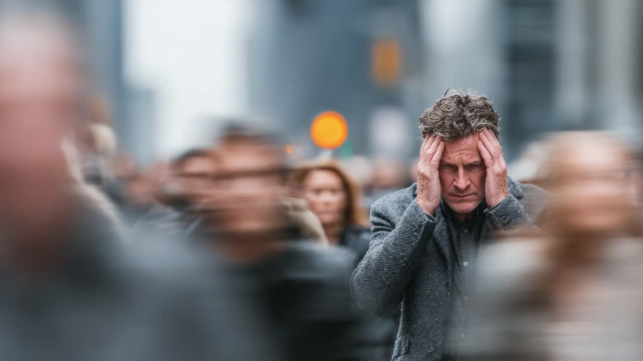 A Man in Distress Amidst a Crowded City Street Reflects the Overwhelming Nature of Urban Life, Distinguishing His Isolation in a Sea of Anonymity