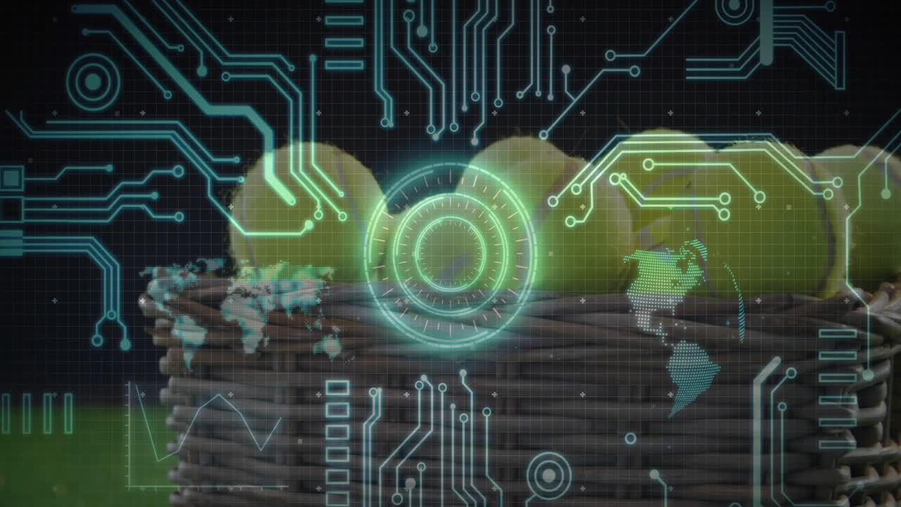 Wooden basket containing yellow lemons hovering over grid, showing augmented reality interface