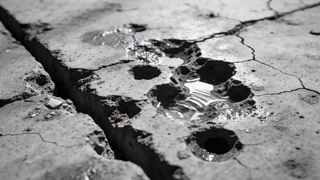 Striking droplet hitting central pool sending ripples across cracked sidewalk slab with holes