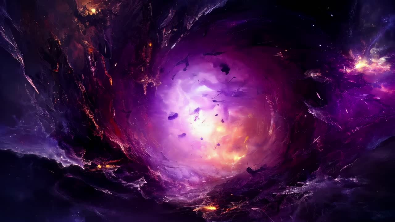 Dynaaminen kosmisen pyörteen eloisan violetin ja oranssin sävyissä, kuvattuna laajakulmasta.