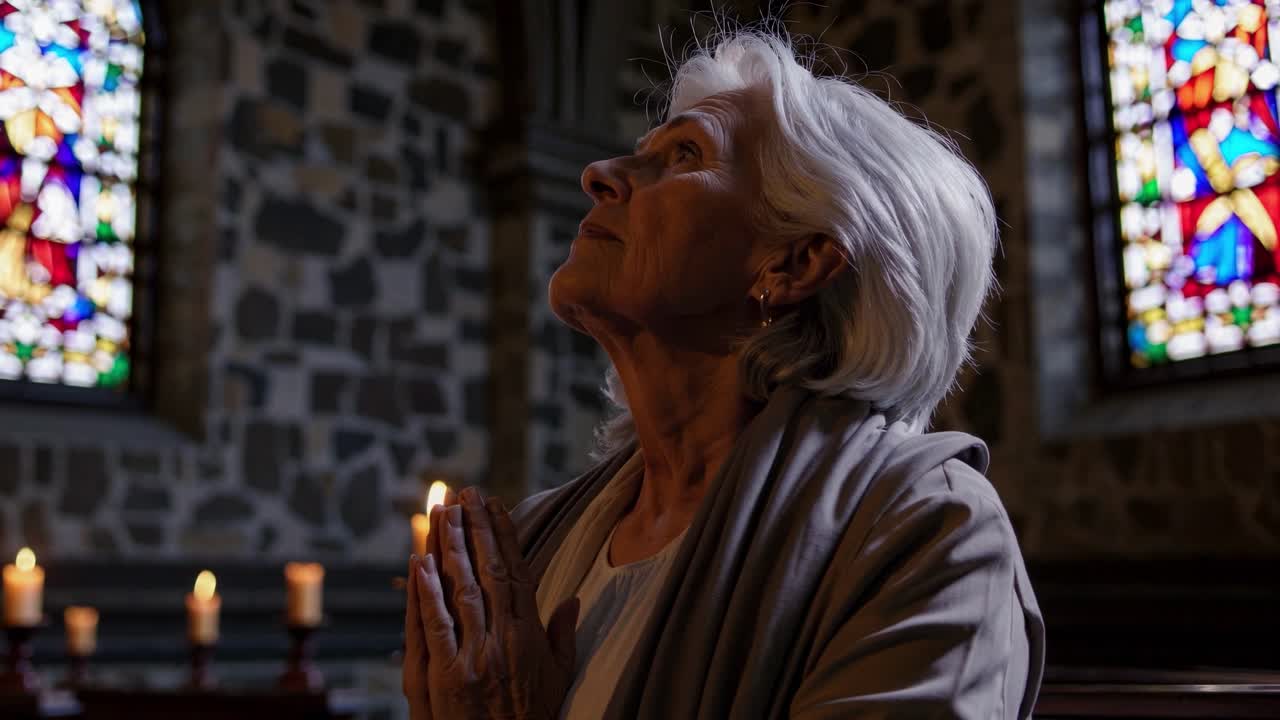 Un fermo immagine video cinematografico e sereno di un'anziana donna che prega in una chiesa fiocamente illuminata.
