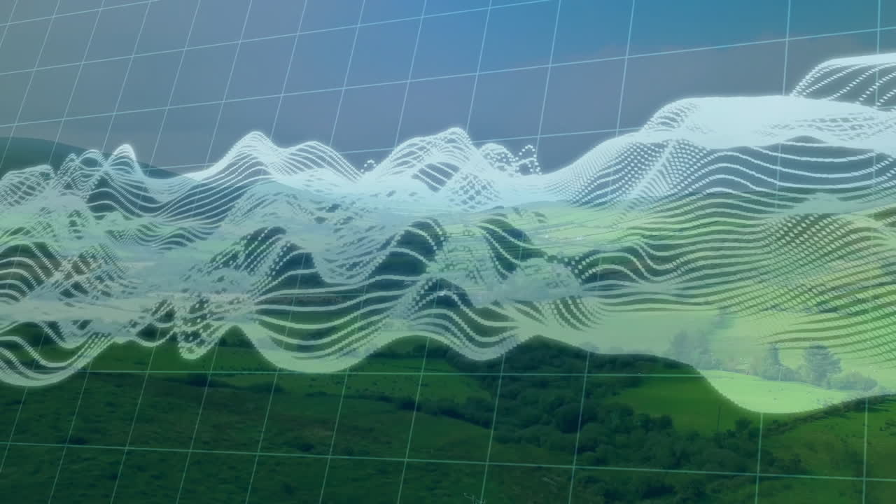 Translucent 3D waveform grid being visualized over verdant grassy valley, showing pale green waves