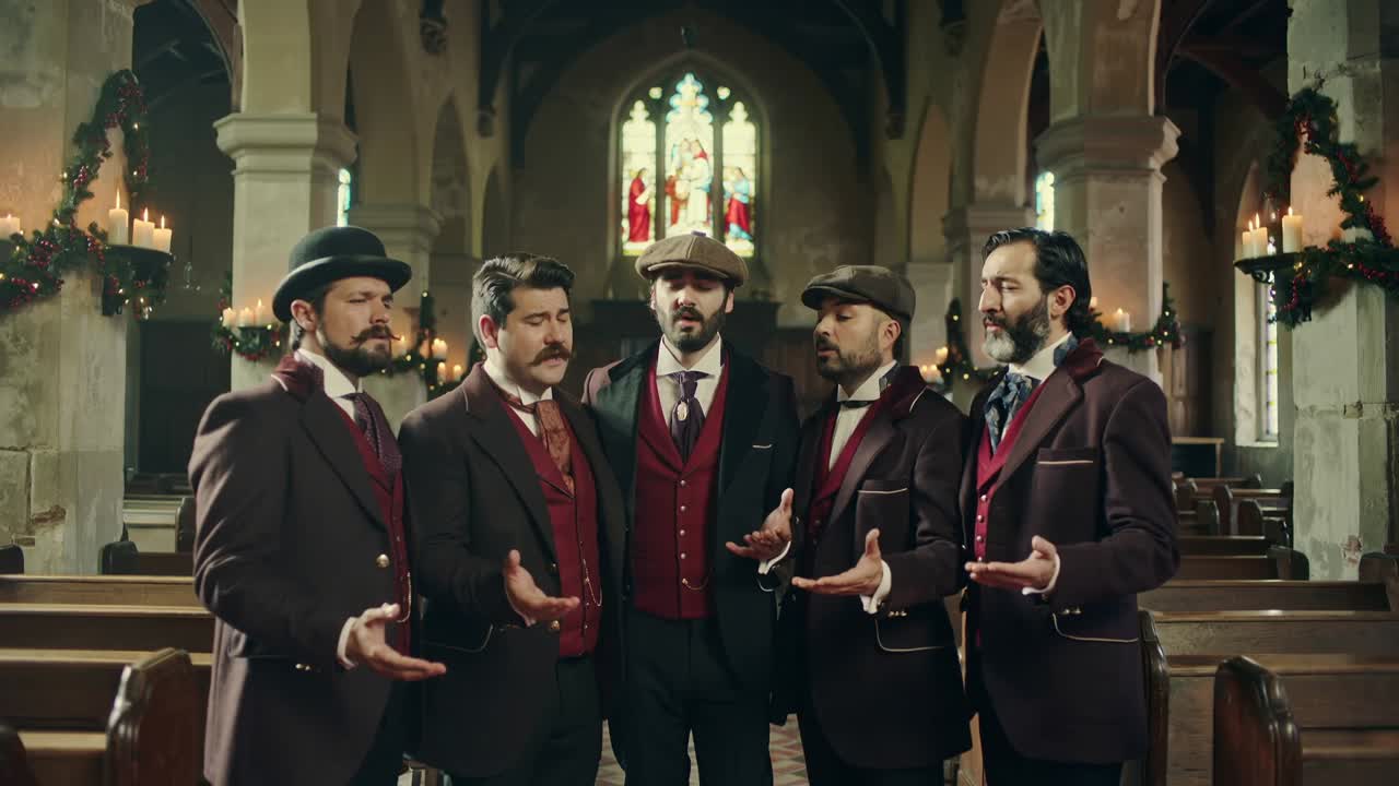 Music starting, five male choir members singing Christmas carol in stone church, with garlands