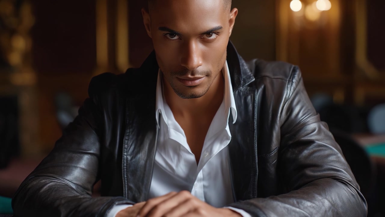 A Portrait of Confidence: Captivating Expressions of a Daring Individual in a Stylish Leather Jacket, Set Against a Classy Vintage-Style Background.