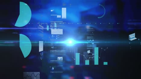 interfaz digital con procesamiento de datos contra un punto brillante de luz sobre fondo azul
