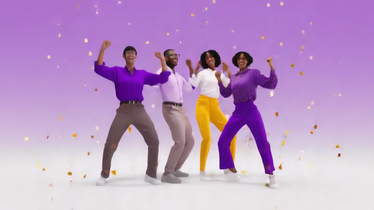 Celebrating Together: A Vibrant Group of Friends Exudes Joy and Enthusiasm Against a Playful Purple Background, Showered with Sparkling Confetti, Capturing the Essence of Happiness