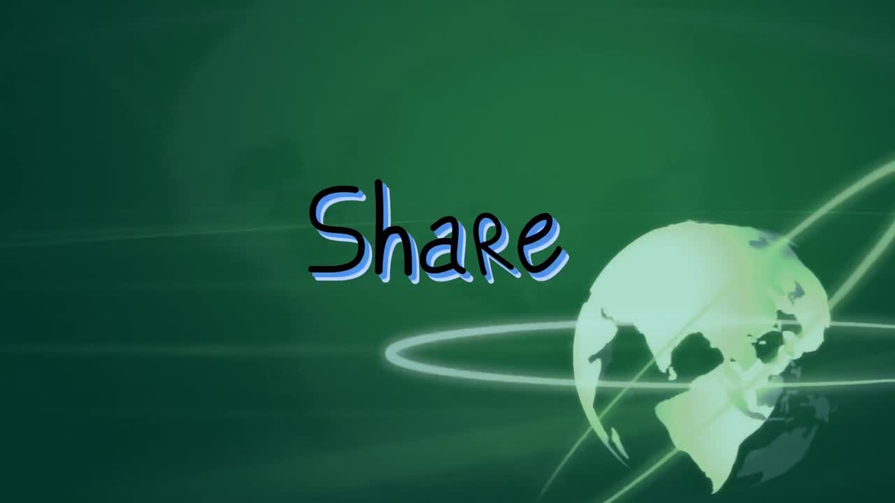Animation of network of connections with share text and globe on green background