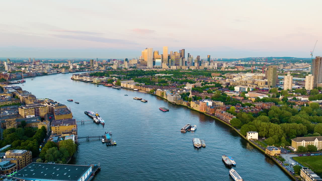 Aerial View of London Cityscape and River Thames at Sunset