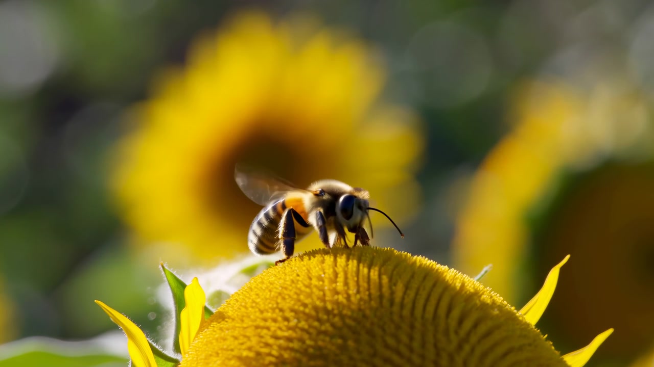 Biene bei der Nahrungssuche auf einer Sonnenblumenscheibe in einem sonnigen Garten, Nahaufnahme mit geringer Tiefenschärfe, weichem Bokeh-Hintergrund, sichtbaren Flügeln, Antennen und pollenreichen floralen Details.