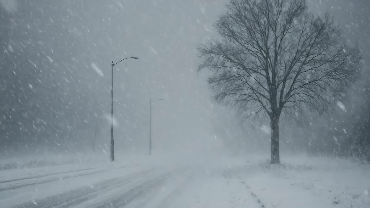 A video still captures a snowy landscape with a lone tree and streetlights