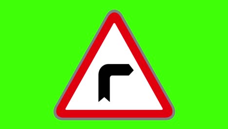 pantalla verde, icono de señales de tráfico, triángulo de advertencia de curva de la mano derecha