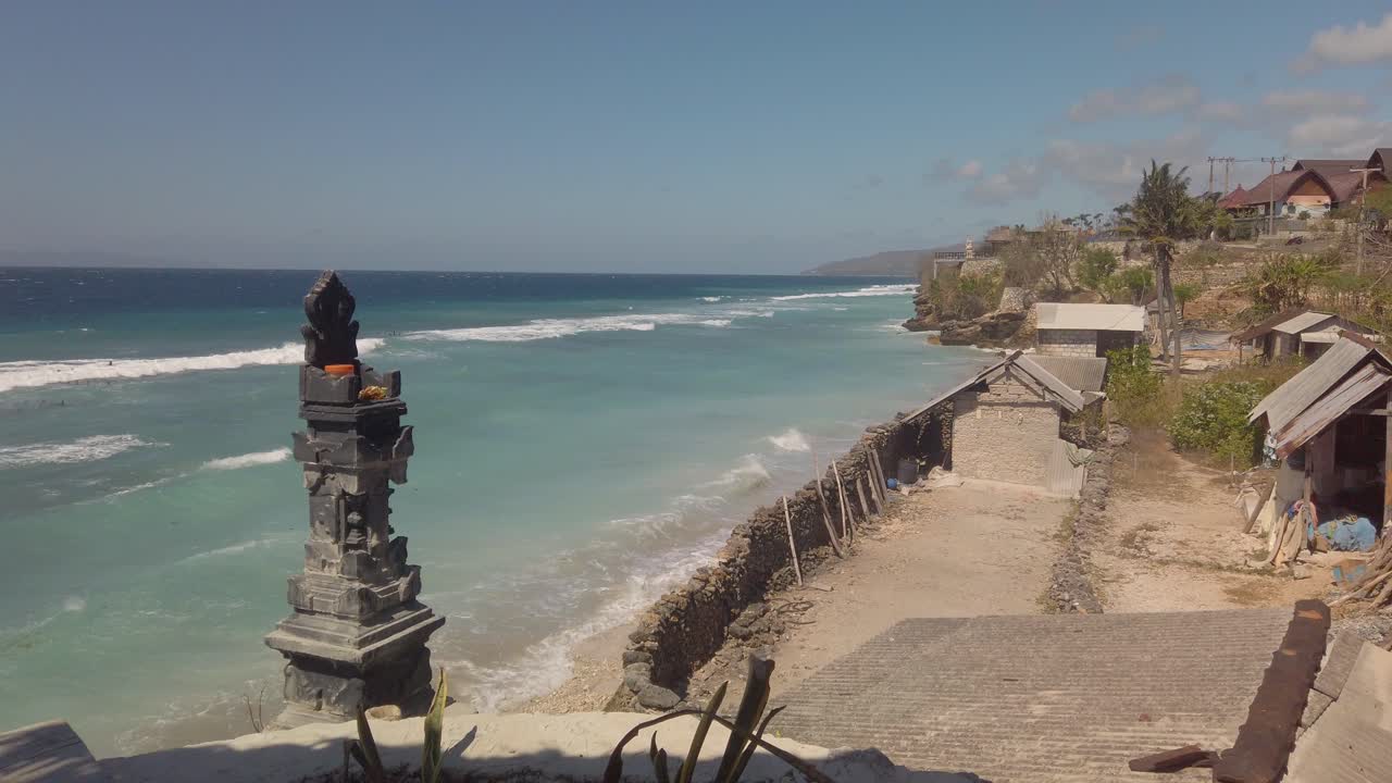 Serene Beach Scene in Bali with Ocean Waves and a Coastal Temple