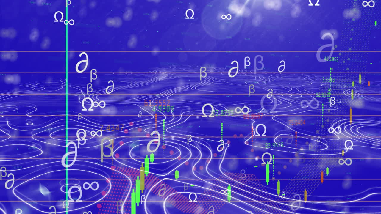 Floating mathematical symbols and graphs over blue digital animation landscape
