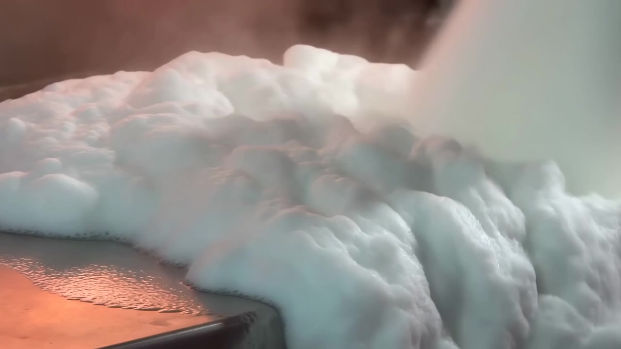 Un denso getto di schiuma bianca si riversa dall'angolo superiore destro e scende a cascata su una pelle calda e rossastra da un punto di vista macro obliquo e basso, formando cumuli arrotondati e diffondendosi diagonalmente verso il centro e in basso a sinistra.