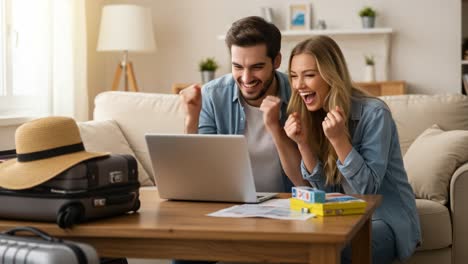 excitement unleashed: a couple celebrating a joyful moment together while engaged with their laptop in a cozy home setting, surrounded by travel essentials