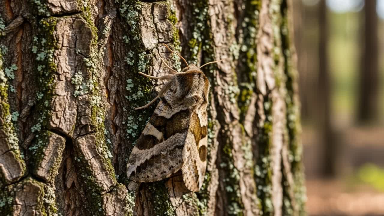 A close-up view of a beautifully camouflaged moth resting on a textured tree bark, showcasing its intricate patterns and blending with the natural environment in soft daylight