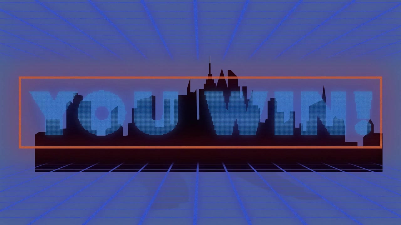 Animoutuva retro-otsikko näyttää mustan horisontin ja syaanin "VOITIT!" neonruudukon päällä oranssilla perusviivalla.