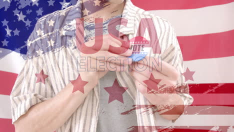 animation of stars and usa election text over caucasian man with badge with vote text