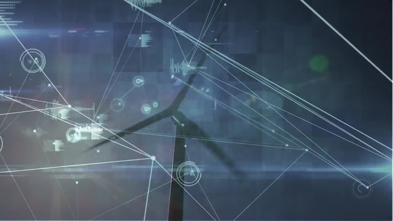 파란 하늘을 배경으로 회전하는 풍차 위에서 연결 네트워크와 데이터 처리의 애니메이션