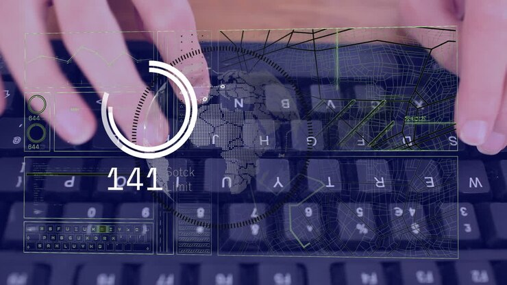 Animation of financial data processing over caucasian woman using computer keyboard