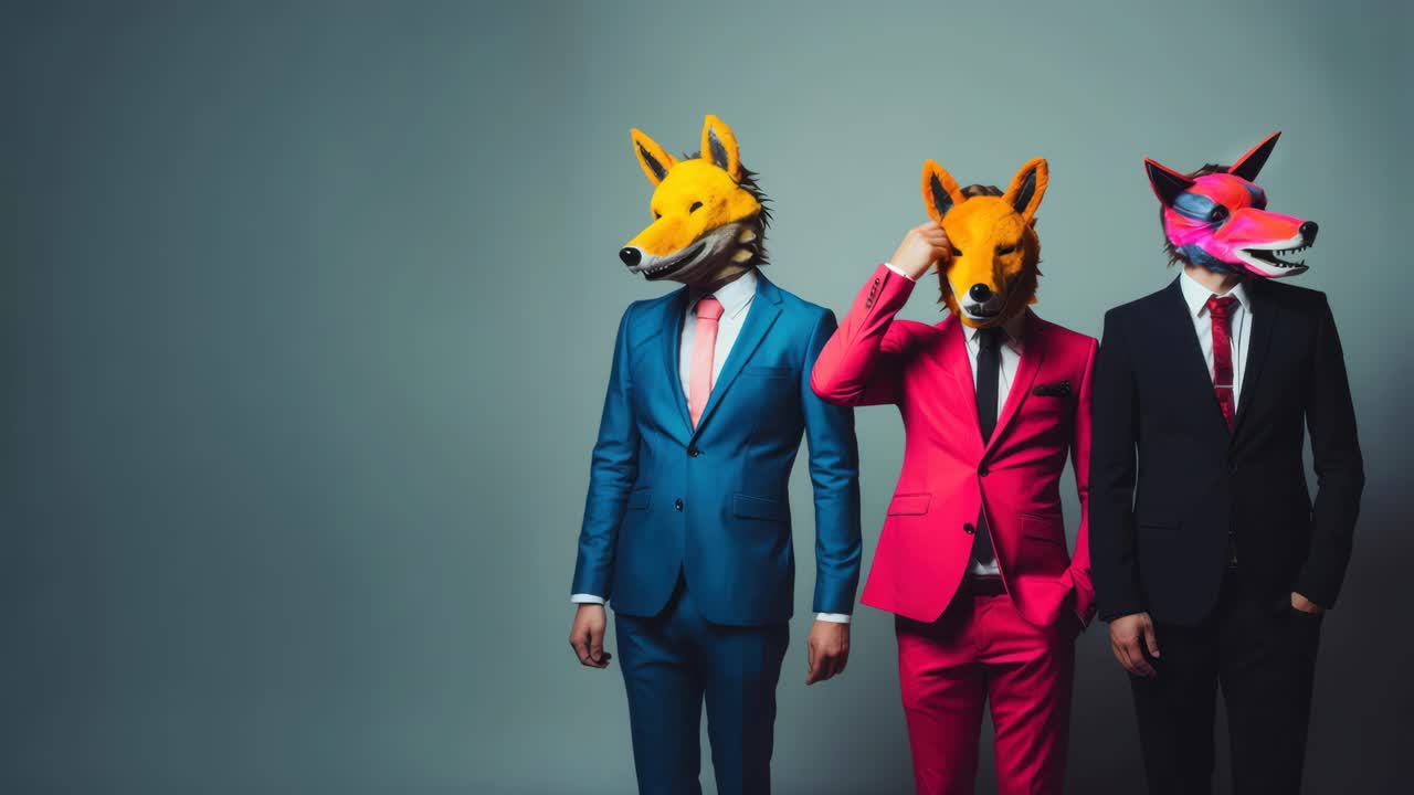 Three people in suits wearing fox masks, shot from a straight angle
