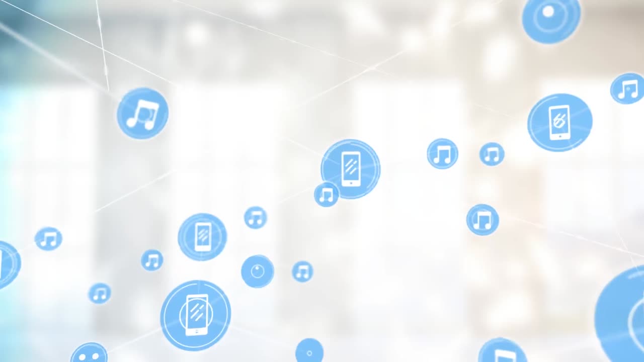 기술 발전을 나타내는 스마트 폰과 음악 노트 아이콘의 애니메이션