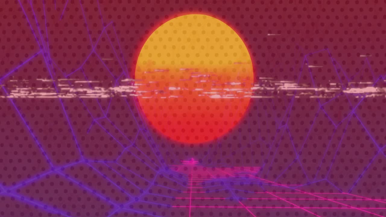 Apparizione di statica VHS, con il sole luminoso che rimane centrato mentre una griglia al neon si allontana, formando un orizzonte retrò.